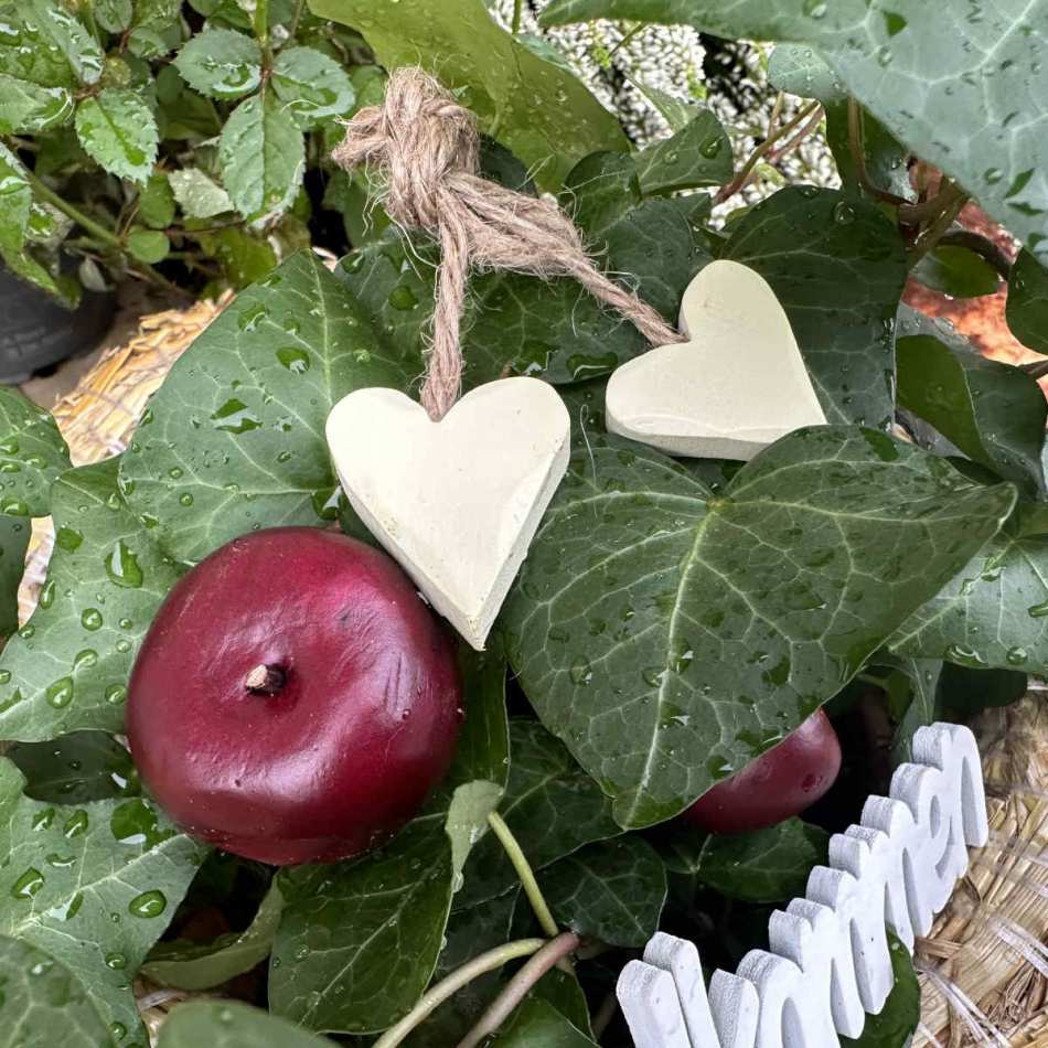 Hjärtan 2 st på natursnöre. Olivfärgade