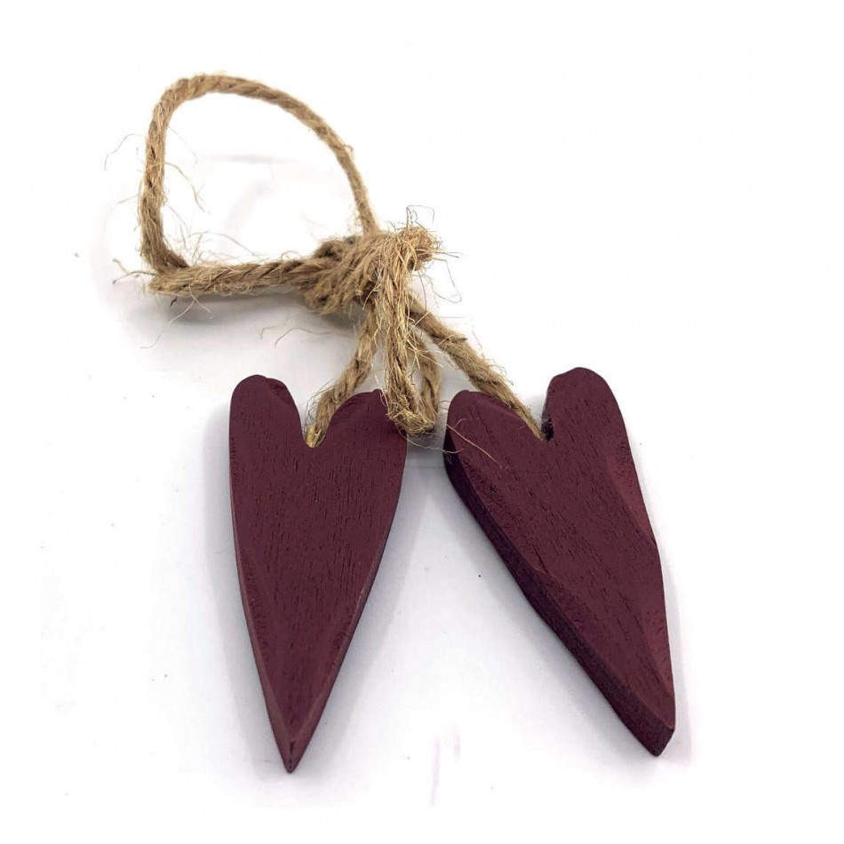 Hjärtan 2 st på natursnöre, avlånga, Brunröda