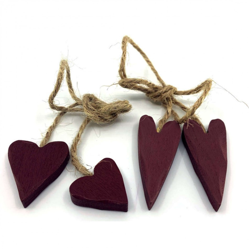 Hjärtan 2 st på natursnöre, avlånga, Brunröda