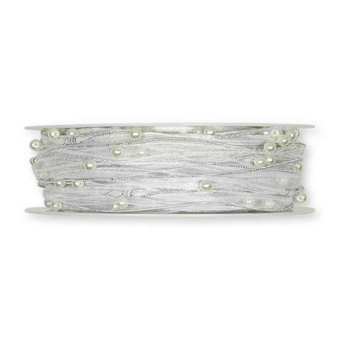 Fint vitt band i organza och pärlor 5 cm brett