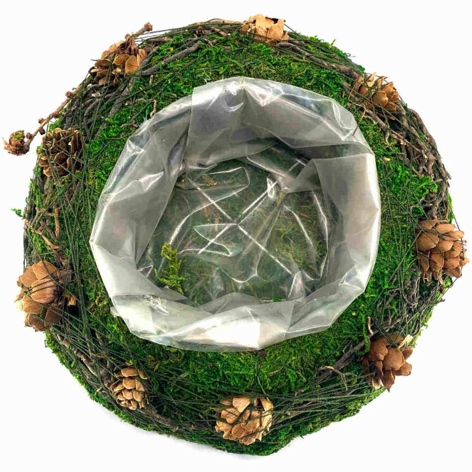 Rund Kruka av mossa, kvistar och kottar 20x20 cm