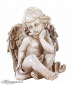Ängel, grå, sittande med handen vilande mot kinden. 14x13 cm