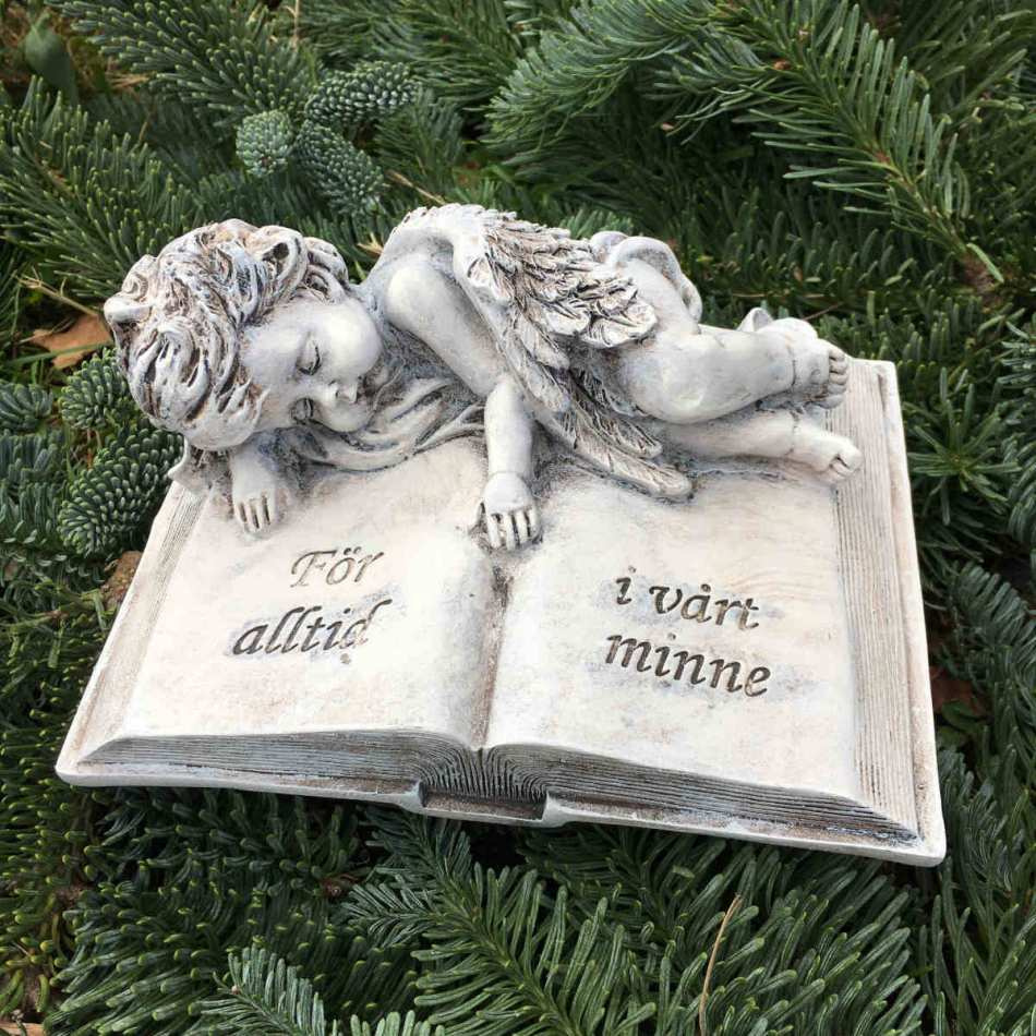 Ängel vilande vid bok. 
