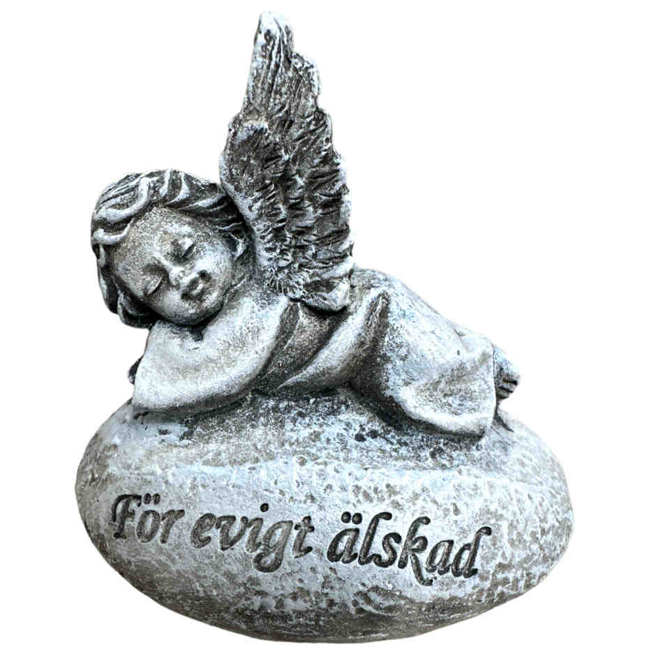 Ängel i grått på sten med texten För evigt älskad, ca 9 cm