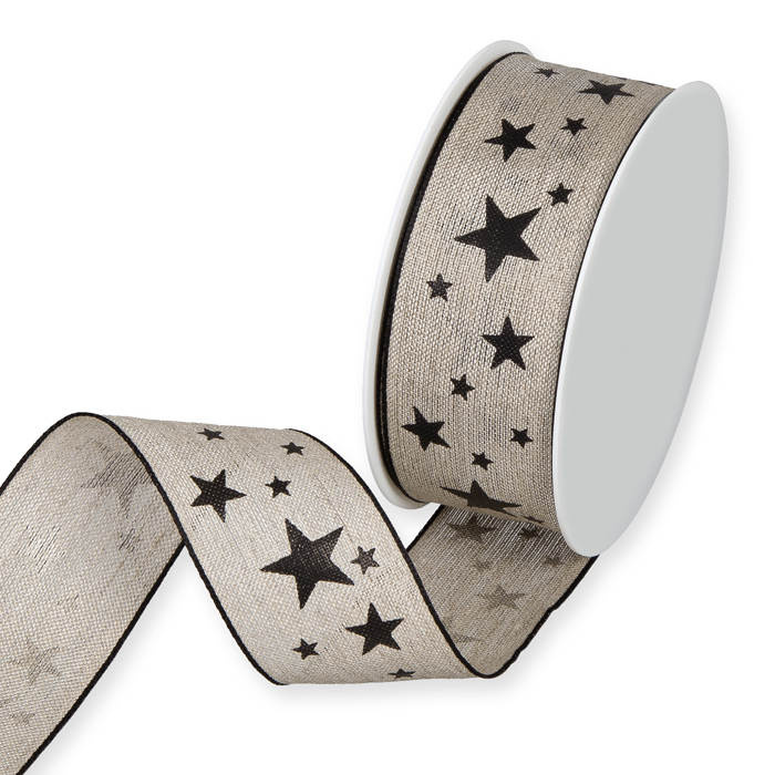 Dekorband naturfärgat med svarta stjärnor 40mm (15m)