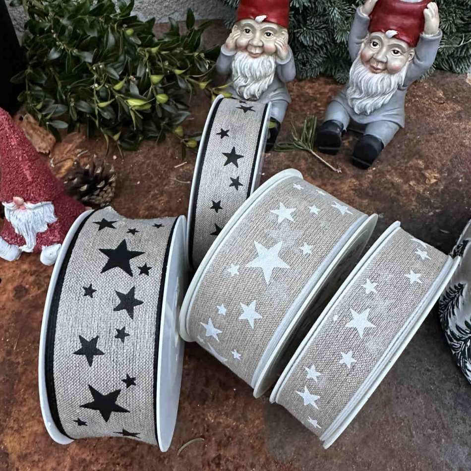 Dekorband naturfärgat med svarta stjärnor 40mm (15m)