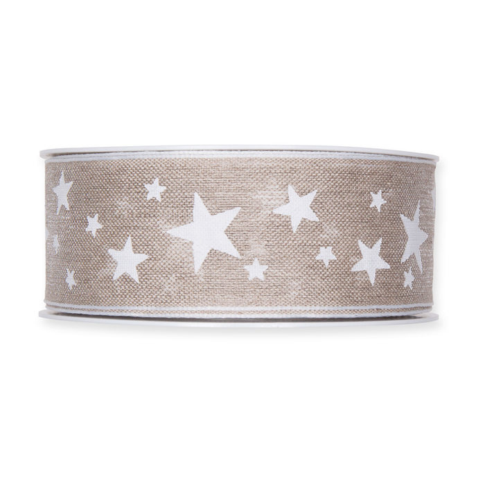 Dekorband naturfärgat med vita stjärnor 40mm (15m)