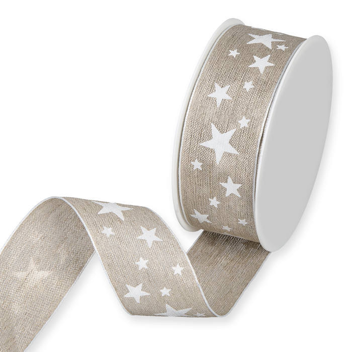 Dekorband naturfärgat med vita stjärnor 40mm (2,5m)