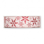 Dekorband, vit/röd, snöflinga. 25 mm ( 3 meter)