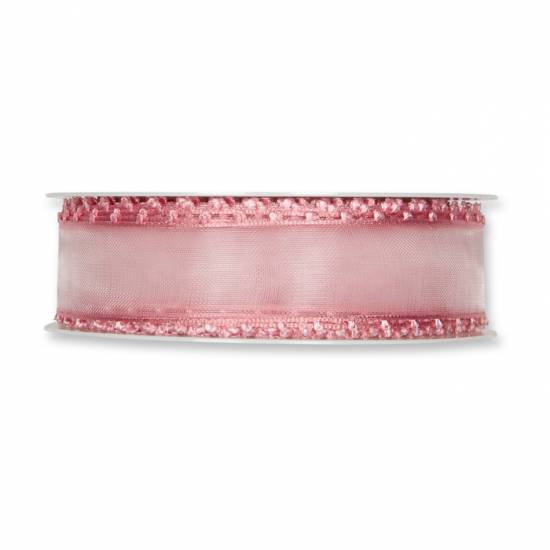 Rosa band med dekorativ kant, 30 mm (20 meter)