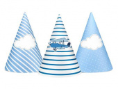 Partyhattar, blå med motiv. 16X10 cm. 6 st Partyhattar, blå med motiv. 16X10 cm. 6 st