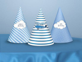 Partyhattar, blå med motiv. 16X10 cm. 6 st Partyhattar, blå med motiv. 16X10 cm. 6 st