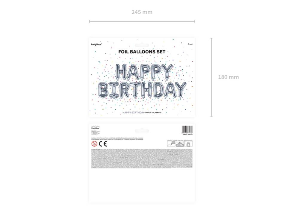 Folieballong Happy Birthday, 340x35 cm, Silver