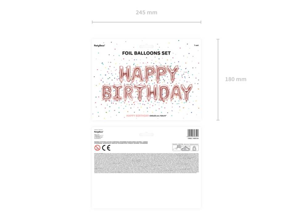 Folieballong Happy Birthday, 340x35 cm, Roséguld