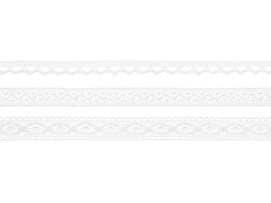 Spetsband, vit. 3 olika sorter. 3 x 1.5 meter