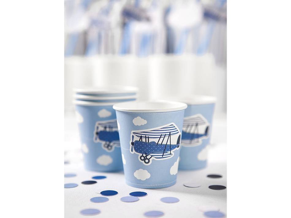 Engångsmuggar, Blå med flygplansmotiv. 180 ml. 6 st