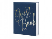 Gästbok, mörkblå med guldfärgad text. 22 sidor