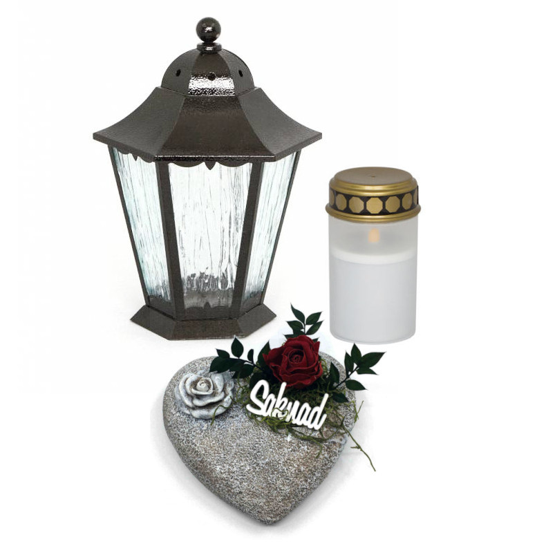 Stående gravlykta i silver med batteriljus och dekorerat hjärta