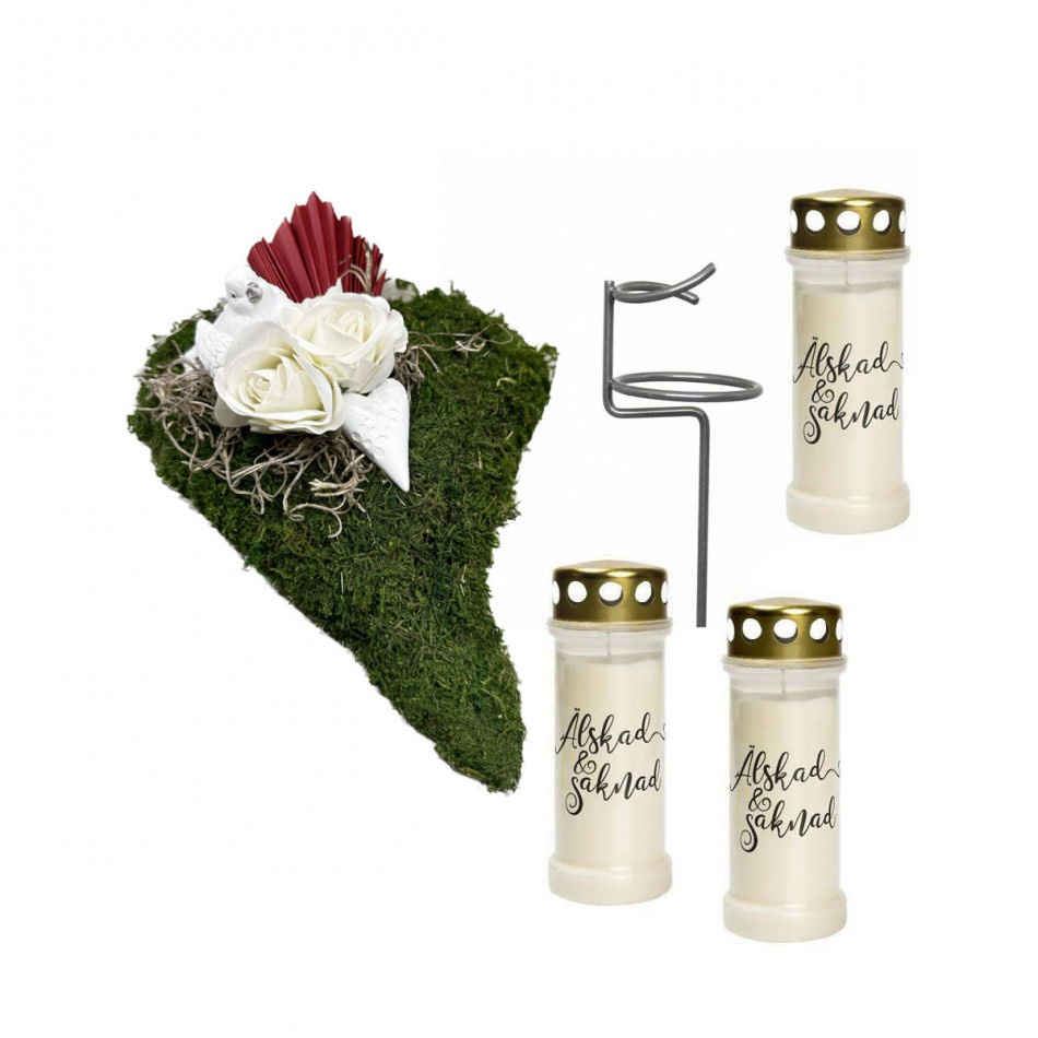 Gravdekoration med 3 gravljus med text och 1 ljushållare