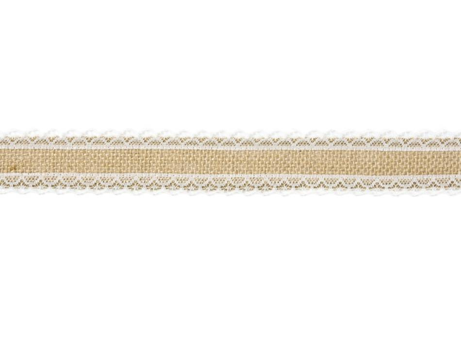 Juteväv med vit spets på kanten, 40 mm bred. 5 meter