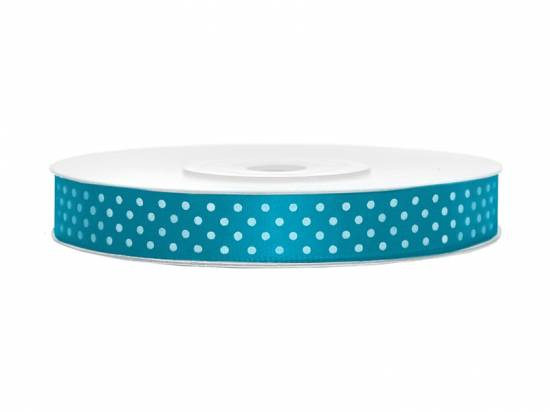 Turkost satinband med vita prickar, 25 m