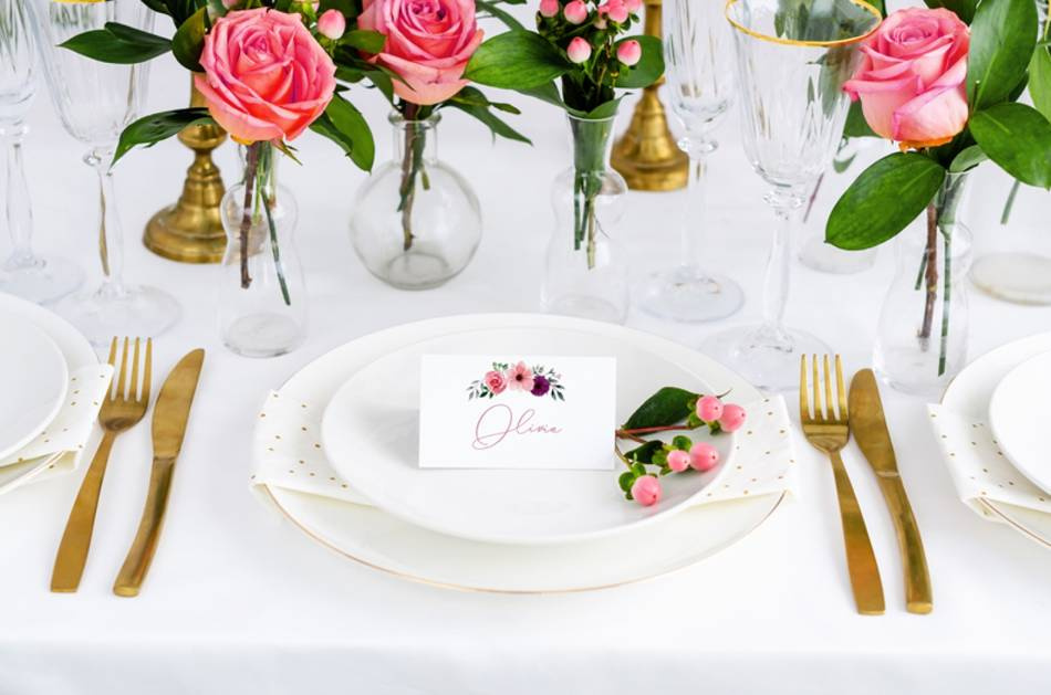 Placeringskort med blommor, 9.5x5.5cm (1 pkt / 25 st.)